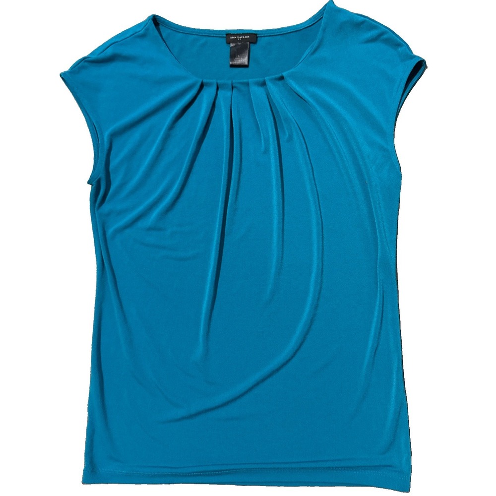 Ann Taylor Turquoise Teal Pleated Front Cap Sleeve Blouse S Business Casual